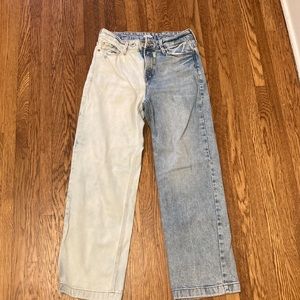 Half white and half blue high rise jeans